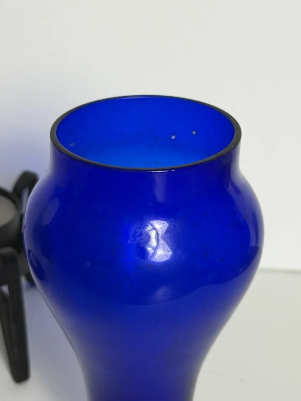 Vintage Cobalt Blue Glass Candle Holder Lantern Black Votive Metal MCM Modernist